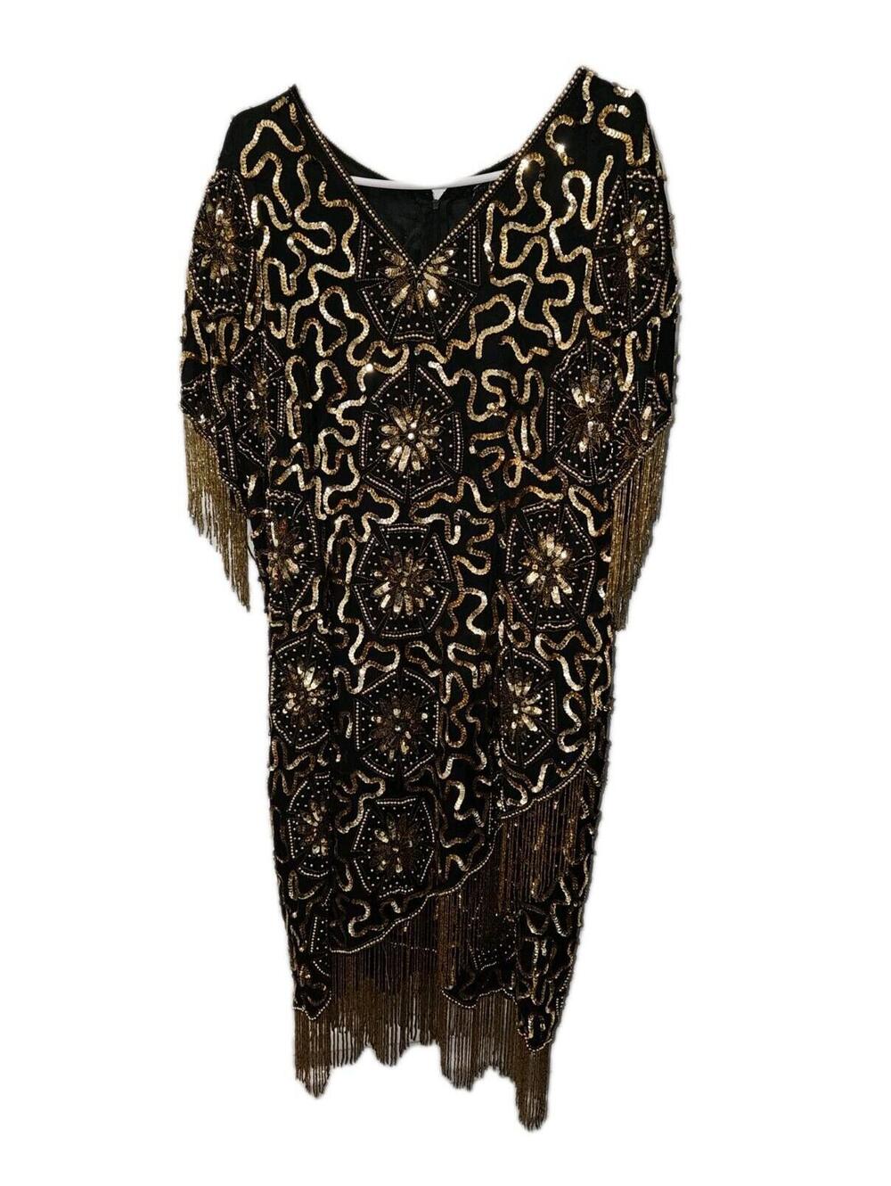 Tan Chho Black Gold 100% Silk Beaded Sequin Dress Flower Size 2XL 80s 90s Glam
